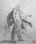  boots cape graphite_(medium) greyscale male_focus monochrome rarou saito_tsunenori solo stranger_mukou_hadan sword traditional_media weapon 