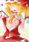  ascot between_breasts blonde_hair blush bow breasts fang flandre_scarlet hair_over_eyes hat hat_bow heart medium_breasts naik nipples no_bra open_clothes open_mouth open_shirt pinky_out shirt short_hair side_ponytail skirt skirt_set solo touhou wings 