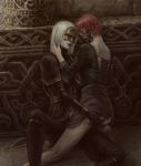  2girls artist_request ass ass_grab belt black_clothes corset demon&#039;s_souls demon's_souls from_software gloves highres legs mask mephistopheles mephistopheles_(demon&#039;s_souls) multiple_girls original red_hair short_hair skirt souls_(from_software) thief thighs touching traditional_media white_hair yuri 
