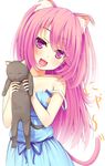  :d animal_ears cat cat_ears cat_tail dress fang head_tilt highres long_hair open_mouth original peragura pink_eyes pink_hair smile solo strap_slip tail 