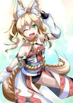  akiyasu animal_ears blonde_hair fang fox_ears fox_tail green_eyes japanese_clothes kitsunezuka_kyuu looking_at_viewer one_eye_closed open_mouth original short_hair smile solo tail twintails 