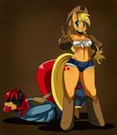  anthrofied apple applejack_(mlp) boots bound breasts cleavage clothed clothing cowboy_boots cowboy_hat cutie_mark cutoffs denim_shorts eyewear female freckles friendship_is_magic fruit glasses gloves green_eyes hair hat hogtied jeans kingofkof lasso male my_little_pony original_character red_hair shorts skimpy smile sssonic2 suggestive sweety-swirl swirl 