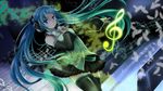  aqua_hair blue_eyes bow bowtie detached_sleeves hand_on_own_chest hatsune_miku headphones highres long_hair mariwai_(marireroy) musical_note outstretched_arm skirt solo thighhighs twintails very_long_hair vocaloid 