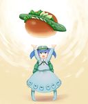  arms_up backpack bag blue_hair boots bread cucumber dress food furim gradient gradient_background hair_bobbles hair_ornament hat kawashiro_nitori key lettuce long_sleeves looking_up open_hands open_mouth oversized_food oversized_object pigeon-toed pink_eyes pocket rubber_boots sandwich short_hair solo strap tongue touhou twintails 