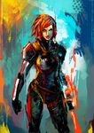  armor blue_eyes bodysuit clenched_hands commander_shepard commander_shepard_(female) energy_blade lips mass_effect mass_effect_3 muju n7_armor omnitool red_hair short_hair solo weapon 