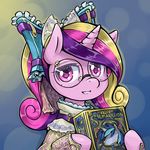  abstract_background animal_ears book bow clothed clothing dress equine eyewear female feral friendship_is_magic fur glasses hair holding horn looking_at_viewer mammal multi-colored_hair my_little_pony pink_eyes pink_fur princess_cadance_(mlp) saturnspace smile solo unicorn 