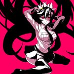  1girl breasts filia_(skullgirls) large_breasts miniskirt prehensile_hair red_eyes s_tanly samson_(skullgirls) school_uniform sitting skirt skullgirls smile solo thighhighs wariza yellow_eyes 