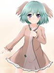  absurdres animal_ears bad_id bad_pixiv_id blush clenched_hand dress dutch_angle fangs gradient gradient_background green_hair hand_on_own_chest highres kasodani_kyouko long_sleeves looking_at_viewer masa_masa purple_eyes simple_background smile solo touhou 
