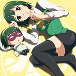  black_legwear blanket brown_eyes chibi finger_to_mouth green_hair hairband idolmaster idolmaster_(classic) kouchou looking_at_viewer lying mole mole_under_mouth multiple_girls otonashi_kotori pillow piyopiyo puchimasu! shushing sleep_mask thighhighs vest yellow_hairband 