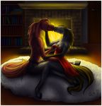  breasts brown_fur brown_hair cleavage clothed clothing equine eris eyes_closed female fire fireplace fur grope hair hooves horse kissing love mammal marefurryfan quillu rainstorm undressing white_fur 