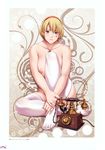  1girl absurdres areolae blonde_hair blush breasts cross cross_necklace feet hairband highres knees large_breasts legs lips looking_at_viewer mamiya_marisa nipples nude phone purple_eyes sei_shoujo serious short_hair sitting solo starless thighhighs thighs toe-point toes white_legwear 