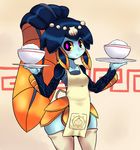  apron balancing bangs blue_skin blunt_bangs blush bowl chelo-stracks fins fish_girl hair_ornament minette_(skullgirls) monster_girl pink_eyes rice scales shell skullgirls smile solo thighhighs tray waitress wide_hips yellow_sclera 