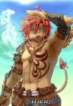  anthro armor belt biri blue_eyes brown_fur canine claws detached_sleeves fur hair looking_at_viewer male mammal markings necklace pose red_hair sky solo standing tail_tuft tattoo topless tuft wolf 