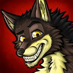  black_fur brown_fur canine ears_up fur grin icon looking_at_viewer mammal narubi plain_background portrait raised_eyebrow red_background simple_background sly solo tan_fur teeth timber_wolf wolf yellow_eyes 