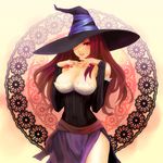  bare_shoulders breasts brown_hair cleavage detached_sleeves dragon's_crown dress funako hat hat_over_one_eye highres large_breasts long_hair red_eyes side_slit solo sorceress_(dragon's_crown) strapless strapless_dress witch_hat 