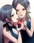  artist_request bangs black_hair breasts cleavage food fruit hayami_kanade idolmaster idolmaster_cinderella_girls jpeg_artifacts medium_breasts mirror official_art parted_bangs pomegranate reflection short_hair solo yellow_eyes 