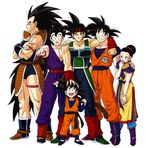  5boys :d armband armor bardock black_hair blue_footwear boots bream-tan brothers chi-chi_(dragon_ball) clenched_hand clothes_writing collarbone crossed_arms dragon_ball dragon_ball_z family father_and_son grandfather_and_grandson hand_on_head hand_on_shoulder headband highres husband_and_wife long_hair looking_at_viewer monkey_tail mother_and_son multiple_boys muscle open_mouth raditz scar siblings simple_background smile son_gohan son_gokuu son_goten spiked_hair sweatdrop tail uncle_and_nephew white_background wristband 
