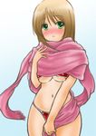  bikini blush brown_hair chaborin green_eyes long_hair matsumi_yuu saki saki_achiga-hen scarf solo swimsuit 