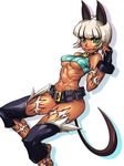  abs animal_ears aozoraichi bare_shoulders belt belt_pouch bob_cut breasts cat_ears cat_tail collar covered_nipples dark_skin fang fingerless_gloves gloves green_eyes highres knee_pads large_breasts midriff ms._fortune_(skullgirls) pouch scar short_hair skullgirls slit_pupils smirk solo tail underboob white_hair 