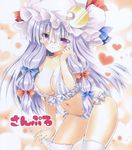  ayuayu bad_id bad_pixiv_id bespectacled blush bow breasts cleavage crescent glasses hair_bow hat large_breasts long_hair navel panties patchouli_knowledge purple_eyes purple_hair sample side-tie_panties solo thighhighs touhou traditional_media underwear underwear_only white_legwear 