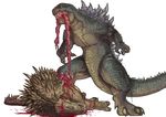  ?? anguirus blood claws death disembowelment godzilla godzilla_(series) gore grotesque_death guts horn intestines kaiju kusagami_style lying male not_furry on_side paws plain_background scalie sharp_teeth simple_background spikes spines standing teeth toe_claws white_background 