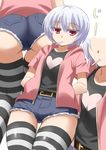  alternate_costume arcana_heart ass bad_id bad_pixiv_id belt denim denim_shorts hands_in_pockets heart hood hoodie jitome lieselotte_achenbach multiple_views red_eyes short_hair short_shorts shorts striped striped_legwear thighhighs white_hair yanagi_kawa 