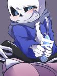  2015 animated_skeleton balls blue_eyes blush bone borushi censored clothed clothing cum grin hoodie male not_furry penis sans_(undertale) shorts skeleton slippers smile solo sweat undead undertale video_games 