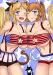  american_flag american_flag_bikini animal_ears asymmetrical_docking bare_shoulders bike_shorts bikini blonde_hair blue_eyes blush breast_press breasts bunny_ears charlotte_e_yeager cheek-to-cheek cheerleader cleavage fang flag_print freckles highres huge_breasts katharine_ohare komusou_(jinrikisha) long_hair miyafuji_yoshika multiple_girls navel one_eye_closed orange_hair pom_poms ponytail shirt shorts shorts_under_skirt silhouette_demon skirt smile star strike_witches sweat swimsuit tail world_witches_series 