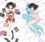  barefoot bed_sheet black_hair book bow bowtie dakimakura highres looking_at_viewer lying miniskirt multiple_views naked_sweater off_shoulder official_art on_back on_side red_eyes sasami-san@ganbaranai school_uniform short_hair single_sock skirt sleepy socks socks_removed stuffed_animal stuffed_shark stuffed_toy sweater yagami_kagami 