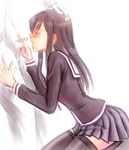  amamiya_sayuri black_hair blush bonnie_(rsg) dutch_angle fellatio hand_on_head long_hair oral penis school_uniform sitting thighhighs tokimeki_memorial tokimeki_memorial_online 