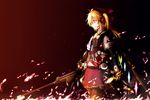  anti-materiel_rifle anti-tank_rifle blonde_hair fire flak_jacket flandre_scarlet freeze-ex glowing glowing_eyes gun headset highres red_eyes rifle short_hair side_ponytail skirt skirt_set smile sniper_rifle solo touhou weapon wings 