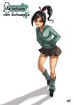  1girl black_hair breasts brown_eyes candy candy_cane character_name disney hands_in_pocket hands_in_pockets highres hood hoodie irving-zero leg_warmers long_hair miniskirt older ponytail skirt smile solo striped striped_legwear teenage thighs vanellope_von_schweetz wreck-it_ralph 