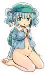  backpack bag blue_eyes blue_hair bottomless breasts chaba_(hortensia) groin hair_bobbles hair_ornament hat kawashiro_nitori long_sleeves medium_breasts naked_shirt navel open_clothes open_mouth open_shirt plump shirt sitting solo stomach touhou two_side_up wariza 