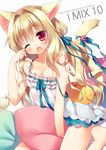  animal_ears barefoot bell blonde_hair blush cat_ears cat_tail chestnut_mouth dress fang hair_intakes hair_ribbon long_hair low_twintails one_eye_closed open_mouth original pillow red_eyes ribbon rubbing_eyes sazaki_ichiri solo strap_slip tail tail_bell tail_ribbon twintails yawning 