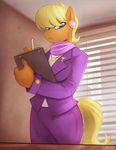  anthro anthrofied blonde_hair blue_eyes clipboard clothing ear_piercing equine female friendship_is_magic hair horse jewelry looking_at_viewer mammal ms_harshwhinny_(mlp) my_little_pony navel necklace pen piercing pony scappo scarf solo 