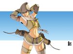  arrow bow_(weapon) braid breasts elbow_gloves gloves hat highres irving-zero long_hair medium_breasts midriff navel pouch quiver ragnarok_online red_eyes short_shorts shorts silver_hair single_braid single_thighhigh sniper_(ragnarok_online) solo thigh_strap thighhighs weapon 