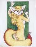  absurd_res anthro blonde_hair breasts butt canine female fennec fox hair hi_res looking_at_viewer mammal nipples nude pinup pose smile solo terrie_smith traditional_media 