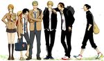  1girl alternate_costume black_hair blonde_hair brother brothers character_doll crossed_arms gakuran green_hair lanyard lapel_pin monkey_d_luffy multiple_boys nami nami_(one_piece) necktie one_piece orange_hair portgas_d_ace roronoa_zoro sanji school_uniform shueisha siblings soredemoasahayattekuru tony_tony_chopper usopp walking 