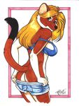  absurd_res anthro blonde_hair brown_eyes butt cat feline female hair hi_res looking_at_viewer mammal pinup pose solo terrie_smith traditional_media undressing 