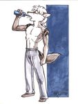  absurd_res anthro belt black_nose canine chris_deck_(character) clothed clothing drinking fangs fur grey_fur hair hi_res male mammal muscles pants pecs red_eyes solo standing terrie_smith topless white_fur white_hair wolf 