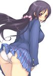 :p ass black_hair blazer breasts garyou jacket large_breasts looking_at_viewer looking_back love_live! love_live!_school_idol_project panties pantyshot pink_scrunchie plaid plaid_skirt purple_eyes scrunchie simple_background skirt solo tongue tongue_out toujou_nozomi underwear upskirt white_background white_panties 