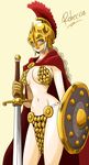  alternate_hair_color armor bikini_armor blonde_hair blue_eyes breasts cape character_name gladiator gloves helmet highres large_breasts long_hair navel one_piece plume rebecca_(one_piece) revealing_clothes shield simple_background solo sword weapon 
