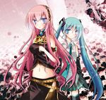  aqua_eyes aqua_hair bad_id bad_pixiv_id belt blue_eyes detached_sleeves hatsune_miku insuto long_hair megurine_luka multiple_girls navel necktie pink_hair skirt thighhighs twintails very_long_hair vocaloid 