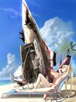  back_tattoo bad_id bad_pixiv_id barefoot beach blonde_hair blood breasts cable chair cloud cyborg day dodonpachi dodonpachi_daioujou dodonpachi_saidaioujou long_hair lounge_chair lying mecha medium_breasts on_back one-piece_thong outdoors palm_tree panties parody red_eyes science_fiction shuri_(saidaioujou) sideboob sky slingshot_swimsuit smile solo swimsuit tattoo tottema tree twintails underwear video_game wreckage 