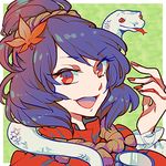  :d animal bad_id bad_pixiv_id face green_background hair_ornament hair_up leaf lowres nail_polish open_mouth purple_hair red_eyes rope shinoasa short_hair slit_pupils smile snake solo touhou yasaka_kanako 