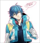  blue_hair blue_jacket copyright_name dramatical_murder hand_in_pocket headphones headphones_around_neck jacket kyou_zip male_focus seragaki_aoba solo speech_bubble spoken_copyright yellow_eyes 