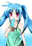  bad_id bad_pixiv_id bare_shoulders blue_hair blush camisole eating food gradient gradient_background hair_ribbon lyrical_nanoha mahou_shoujo_lyrical_nanoha mahou_shoujo_lyrical_nanoha_a's mahou_shoujo_lyrical_nanoha_a's_portable:_the_battle_of_aces material-l multicolored_hair nata_(7natadeco) popsicle purple_eyes ribbon skirt solo striped twintails 