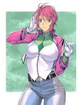  blue_eyes breasts celestial_being_uniform cropped_jacket feldt_grace gloves gundam gundam_00 gundam_00_a_wakening_of_the_trailblazer hand_on_own_head highres homare_(fool's_art) impossible_clothes jacket large_breasts military military_uniform pants pink_hair short_hair skin_tight solo uniform white_gloves 