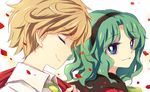  alternate_hair_length alternate_hairstyle bishoujo_senshi_sailor_moon blonde_hair blue_eyes closed_eyes green_hair grin hairband kaiou_michiru lilith_(lilithchan) mugen_gakuen_school_uniform multiple_girls necktie over_shoulder petals rose_petals short_hair smile ten'ou_haruka very_short_hair 