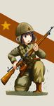  absurdres arisaka bandolier bolt_action erica_(naze1940) gun helmet highres holster imperial_japanese_army japan military military_uniform one_knee original purple_eyes purple_hair rifle short_hair soldier solo tera_rifle uniform weapon world_war_ii 